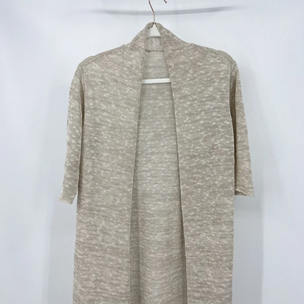 Eileen Fisher Cardigan L Beige Linen Blend Open Knit Open Duster Size Large - Picture 4 of 8